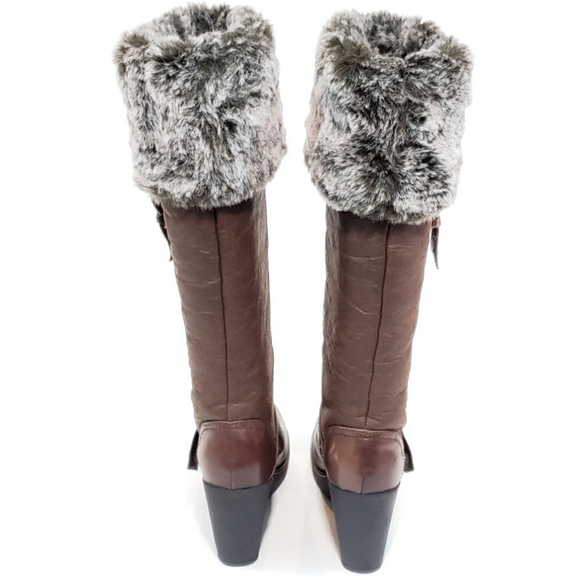 Aldo Tall Wedge Fur Boots Brown Leather Buckle - Picture 4 of 8